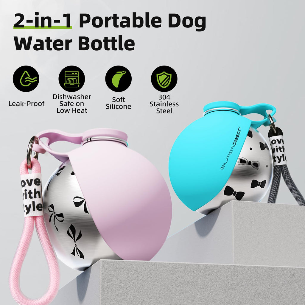 Bowl & Bark 2-in-1 dog water bottle colors and features