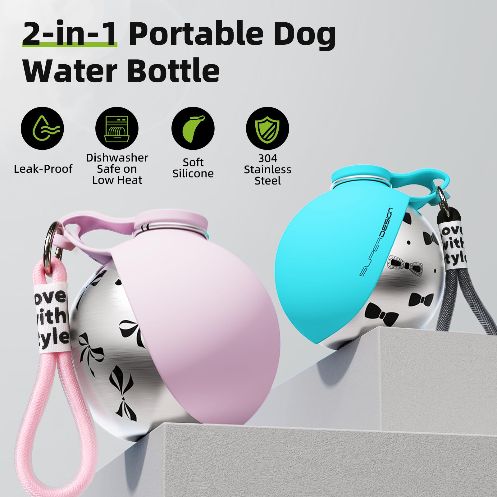 Bowl & Bark 2-in-1 dog water bottle colors and features