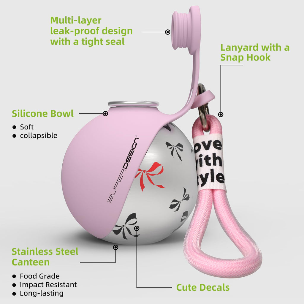 Bowl & Bark parts: stainless steel canteen, silicone bowl, lanyard